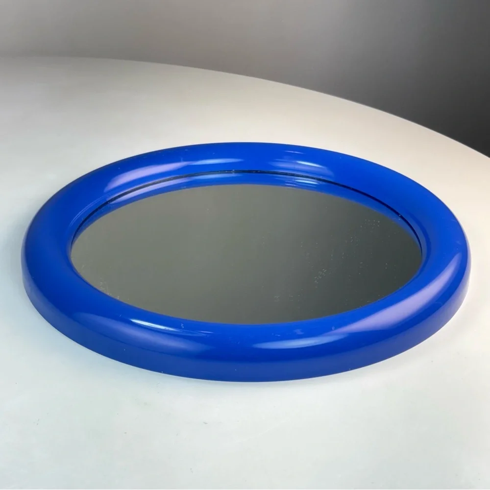 Vintage 12.25” Circle Blue Plastic Wall Mirror Space Age 80s 90s Post Modern